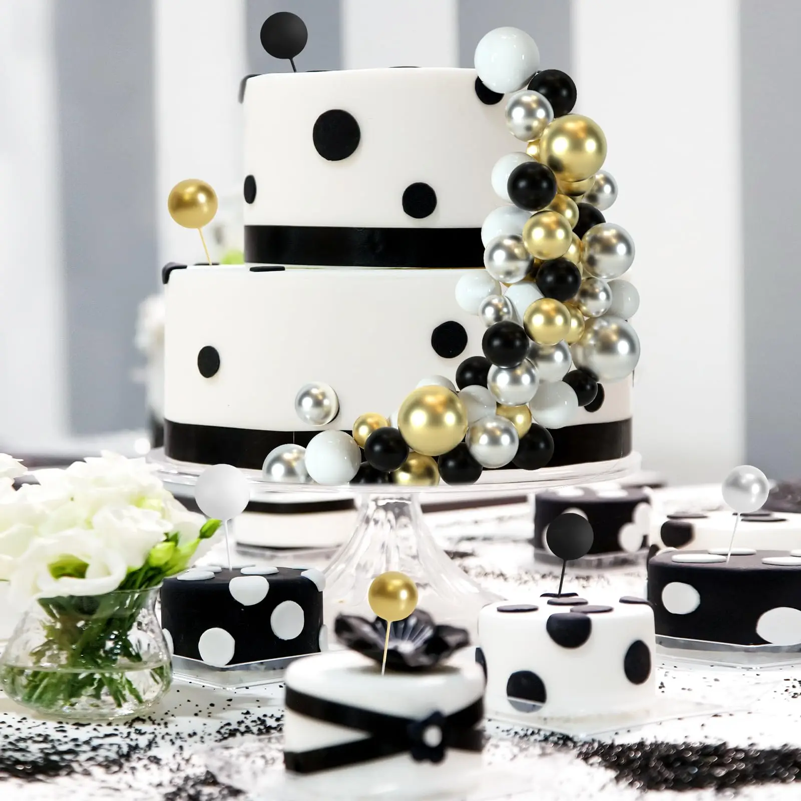 48 Stück rot-schwarze Kuchendekorationen, Kugeln, Kuchendekoration für Geburtstagsfeier, Hochzeitstorte (schwarz, rot, weiß, gold) – Detail 15