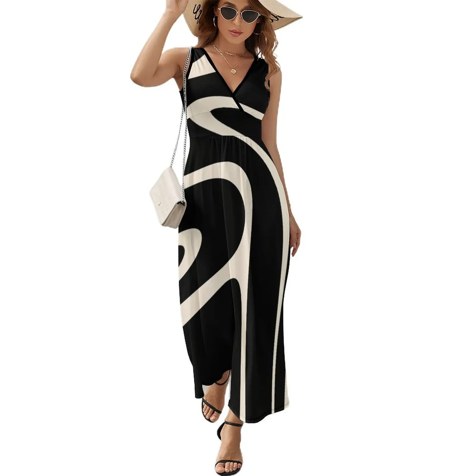 

Copacetic Retro Abstract Black and Almond Cream Sleeveless Dress chic and elegant woman dress dresses for woman 2024