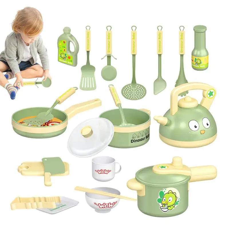 

Play Kitchen Toys Cartoon Dinosaur Cooking Play Accessories Playset Pots Pans Utensils Cookware Kitchen Fake Play Food Dishes