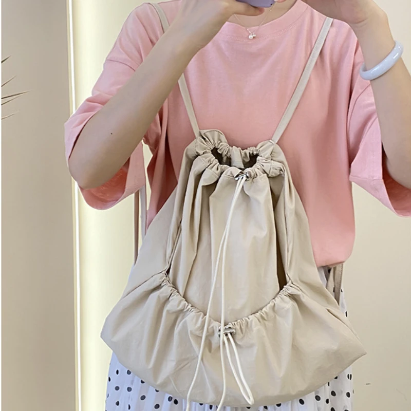 Leisure Versatile Pleated Backpack Niche Design Forest Style Nylon Drawstring Bag Fashionable Commuting Large Capacity Backpack