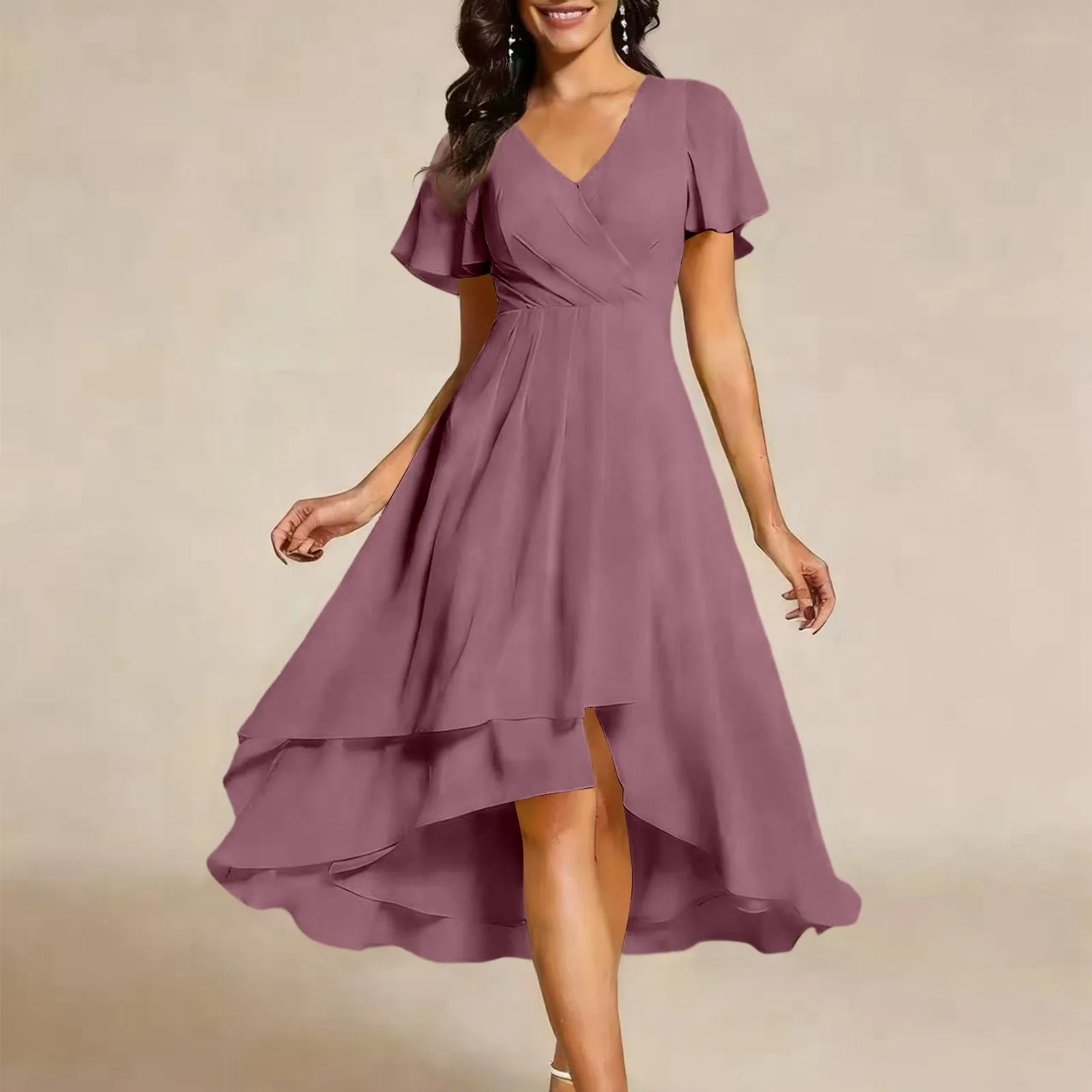 Ruffle Sleeve Chiffon Dress Women Summer Solid Color V Neck Elegant Party Dress Flowy Hem Cocktail Wedding Dresses for Women