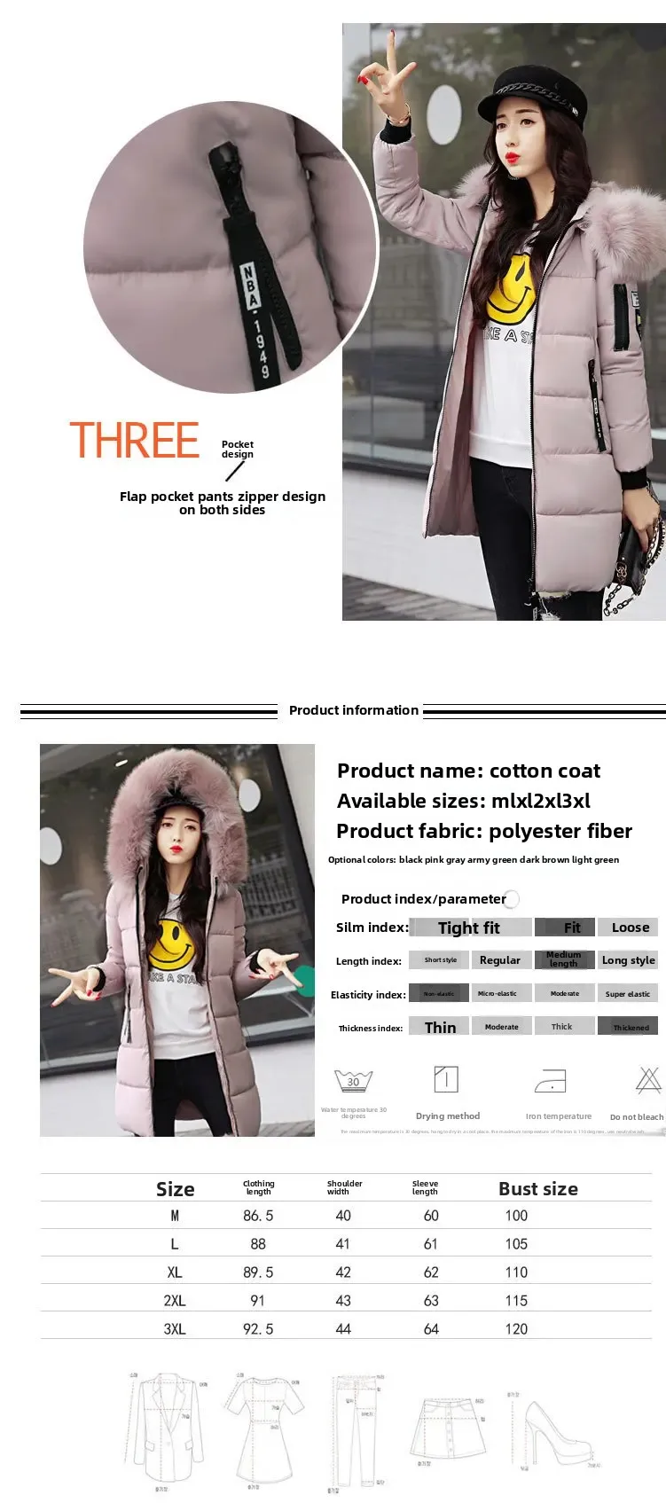 Manteau à capuche à manches longues et col en fourrure de coton pour femme