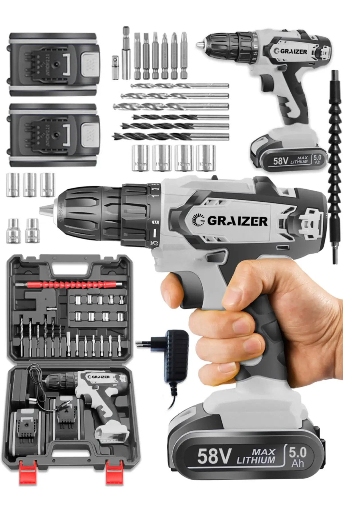 GraizerGerman58V5AhCopperWindingImpactDoubleCordlessScrewdriverMetalGearbox