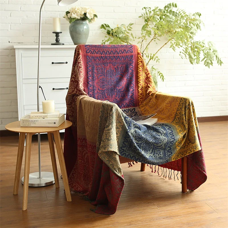 

59 x 75 Inch Chenille Blankets Extra Soft Cozy Sofa Blanket with Decoration Tassel Fringe Machine Washable Ethnic Style Knitted