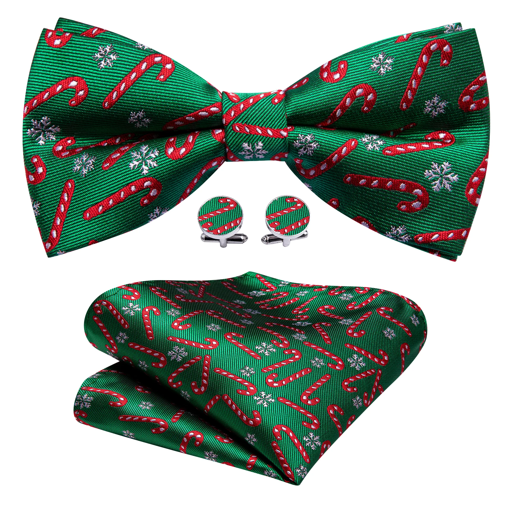 

Green Silk Crutches Christmas Bow Tie For Men with Hanky Cufflinks Set Pre-Tied Bowtie Xmas Santa Reindeer Festival Barry.Wang