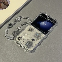 Korean 3D Glitter Star Clear Phone Case with Wavy Border for Galaxy Z Flip 4 (With Chain)