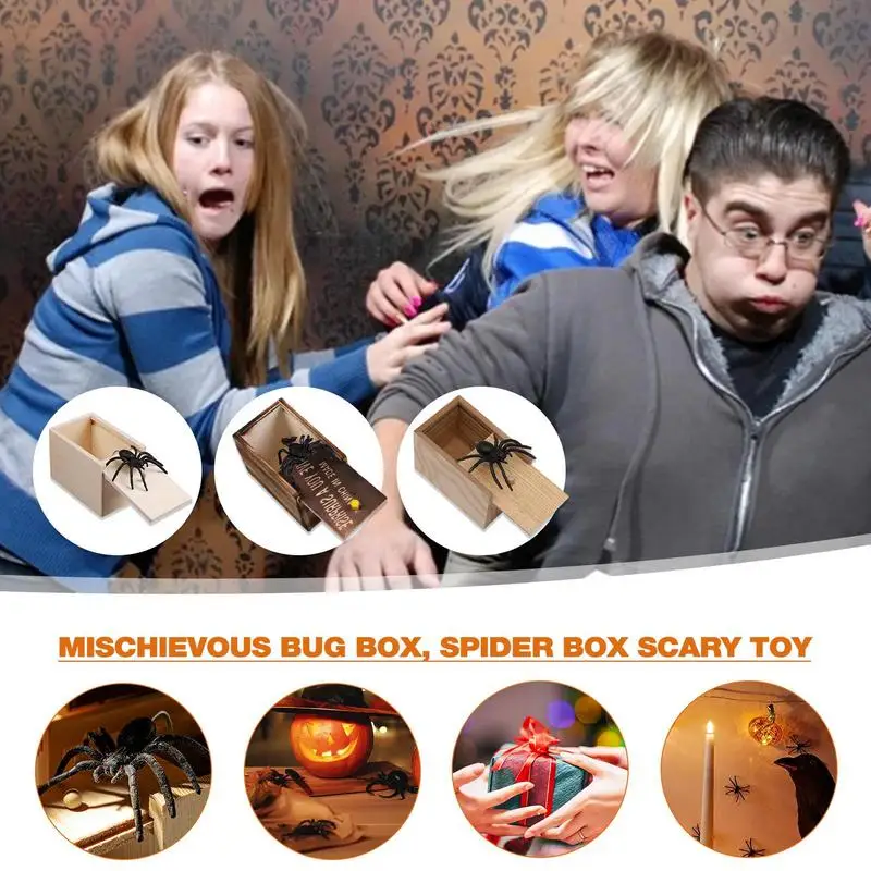 Nuovi Trucchi Spider Funny Horror Box Legno Hiddene Fear Toy Box Spider Bambini Genitori Trick Friends Funny Play Joke Sorprendente