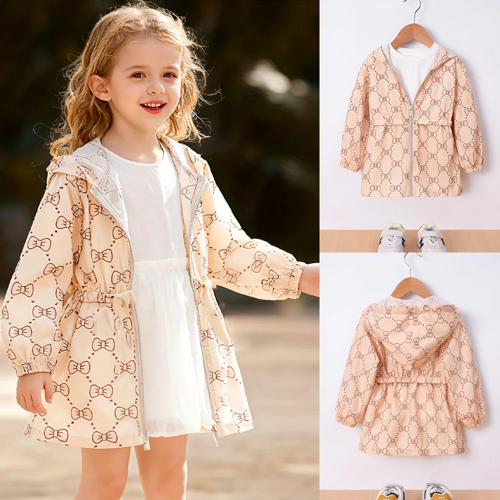 سترة أطفال للربيع/الخريف بأكمام طويلة مع قلنسوة وسحاب غير رسمي مع ربطة عنق وتصميم مطبوع بالكامل أنيق ومتعدد الاستخدامات للاستخدام اليومي