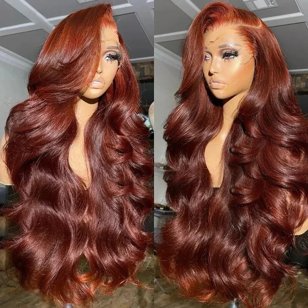 Reddish Brown Body Wave Lace Front Wigs Pre Plucked 180 Density Auburn Colored Synthetic Glueless Wigs For Women