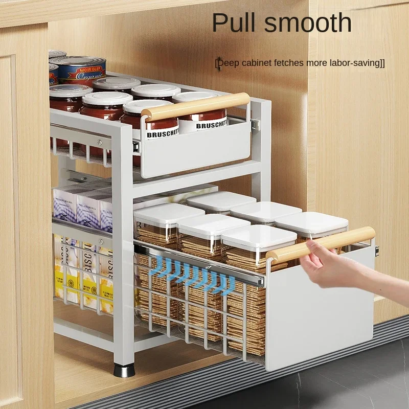 Pull-Out Layered Sink Rack Organizer Under Sink Storage with 1/2 Tier Basket Multi-Layer Cabinet Shelf Slide-Out Storage