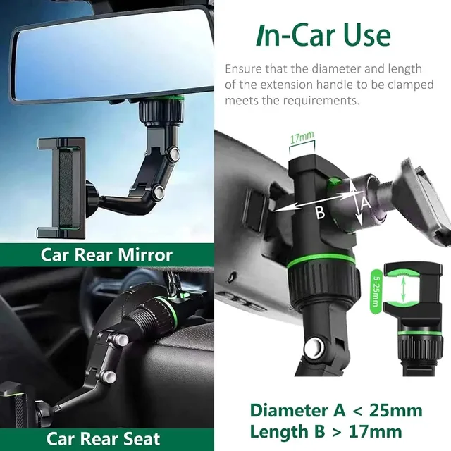 Rearview Mirror Phone Holder, 360° Rotatable and Retractable Car Phone Mount, Multifunctional Rear View Mirror Holder for All Ca 4