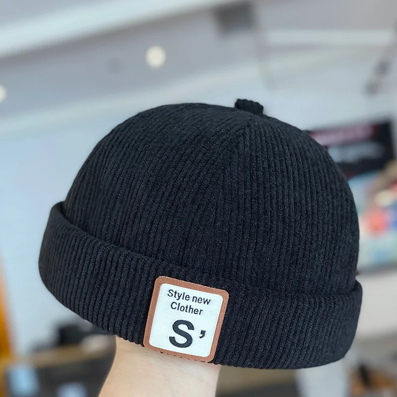 Baby Hat Kids Caps Retro Corduroy Baby Brimless Hat Letter Label Children Hip Hop Cap Solid Color Boys Warm Adjustable Dome Melon Caps Beanie