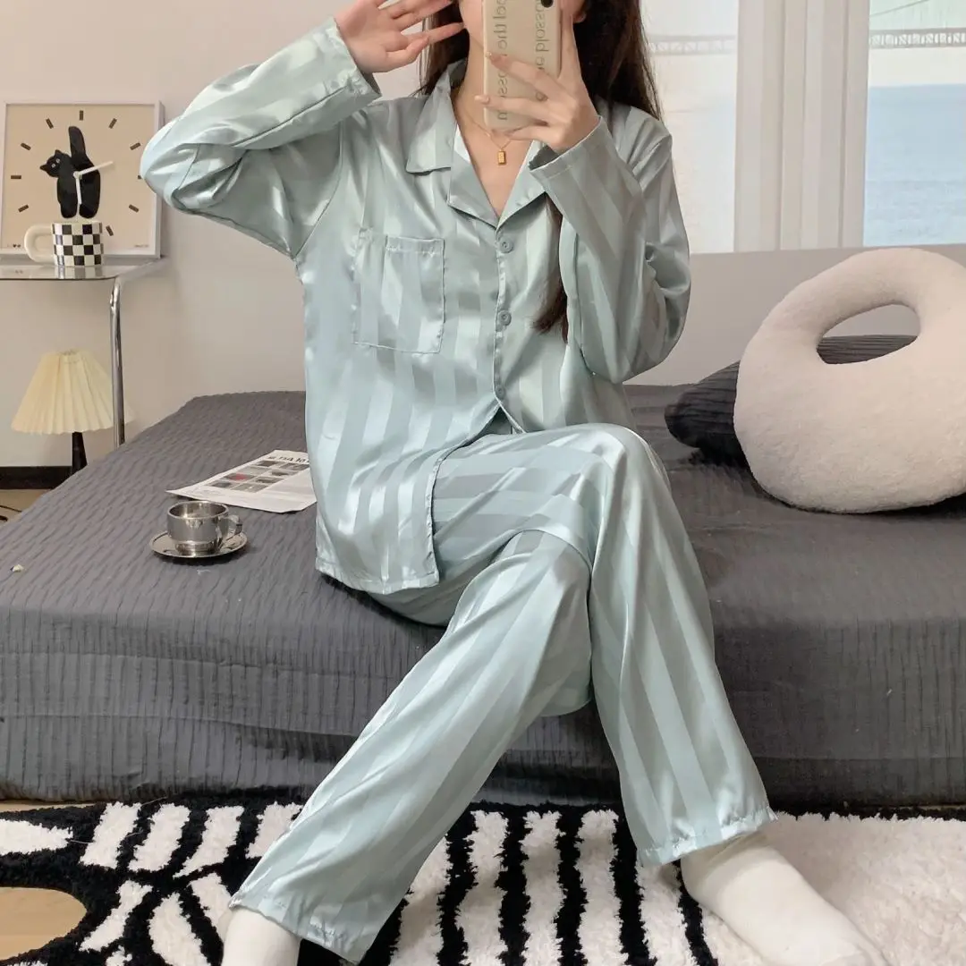 Women's 2 Piece Pajamas Set Striped Pijama Faux Silk Satin Pyjama Female Sleepwear Long Sleeve Shirt Pants Homewear Loungewear