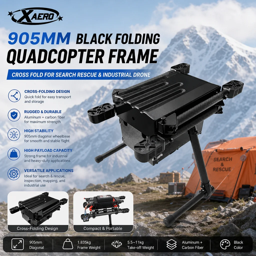 XAERO 905mm Schwarzer Faltbarer Quadcopter-Rahmen für Such- und Rettungsdrohnen sowie Industriedrohnen