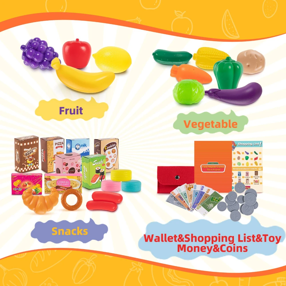 WizKidz Kids Shopping Cart Toy Grocery Trolley With Pretend Play Food Set Supermarket Playset Accessories For Toddlers Aged 3+ 6