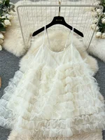 SINGREINY Summer Birthday Party Dress Strapless French Style Solid Sundress Ladies Sexy Gentle Vacation Mesh Loose Tutu Dress - Image 2