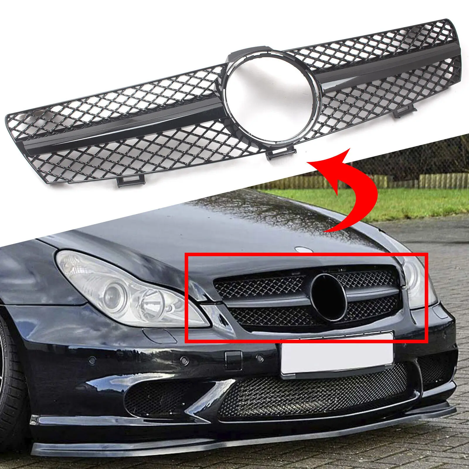 

For M-Benz W219 CLS-Class 2005-2007 Glossy Black Front Hood Grille 4-Door Sedan