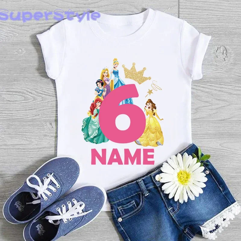 Children Birthday Party Princess Costume Shirt Girls 1 2 3 4 5 6 7 8 9 Years Disney Princess Birthday Custom Name Kids T Shirts 4