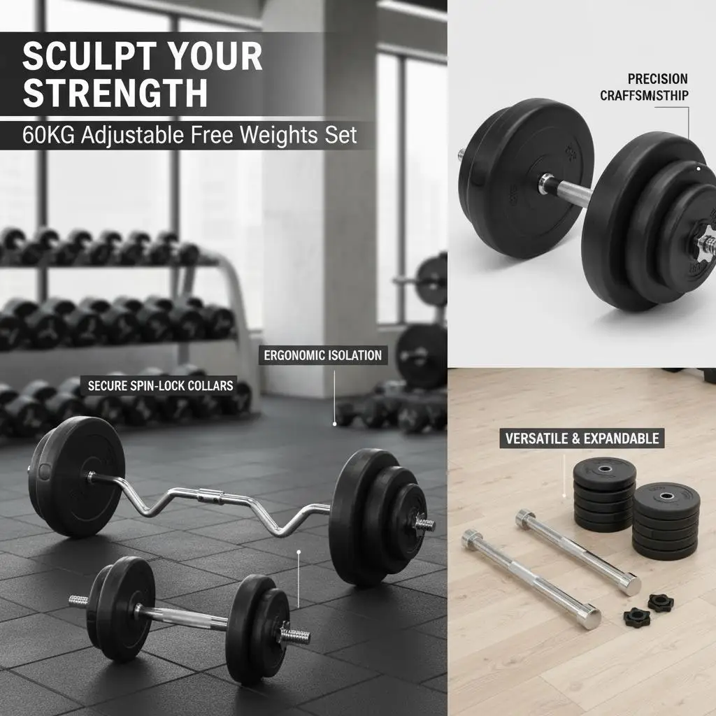 Hantelset und Wellenstange 60 kg, Kunststoff-Zementplatten, komplettes Krafttrainingsset mit EZ-Stange und sicheren Zubehörteilen – Detail 2