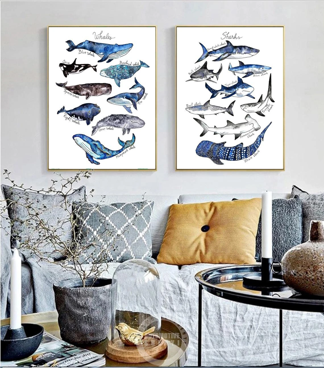 

Watercolor Type Of Whales Sharks Poster Wall Art Abstract Pop Art Print Canvas Painting Picture Living Kids Room Home Decoration