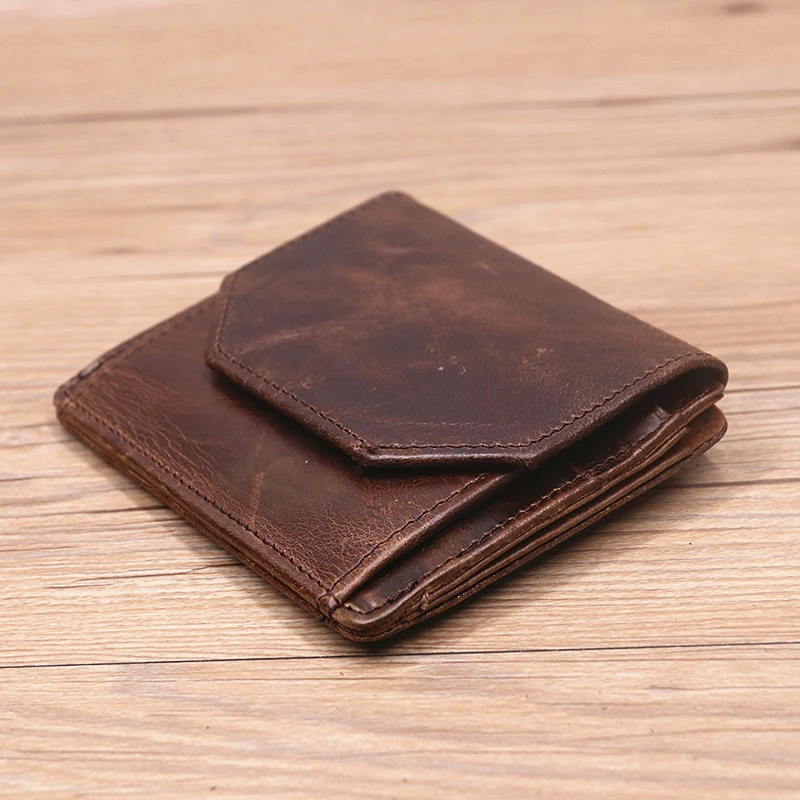Echtleder-Geldbörse für Herren, RFID-blockierend, Original-Rindsleder, Vintage, kurze Herren-Geldbörse mit Kartenhalter, Ausweisfenster, Münzfach – Detail 7