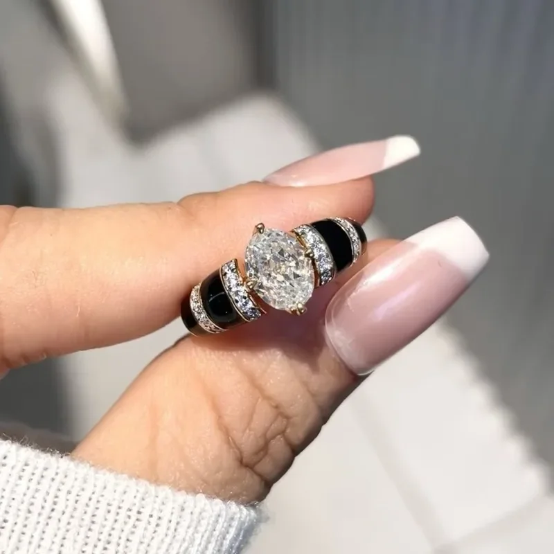 Exquisite Black Agate Vinatge Style Fine Jewelry Luxury Daily rings Couple Style Stacked Ring Engagement Wedding Opening 2