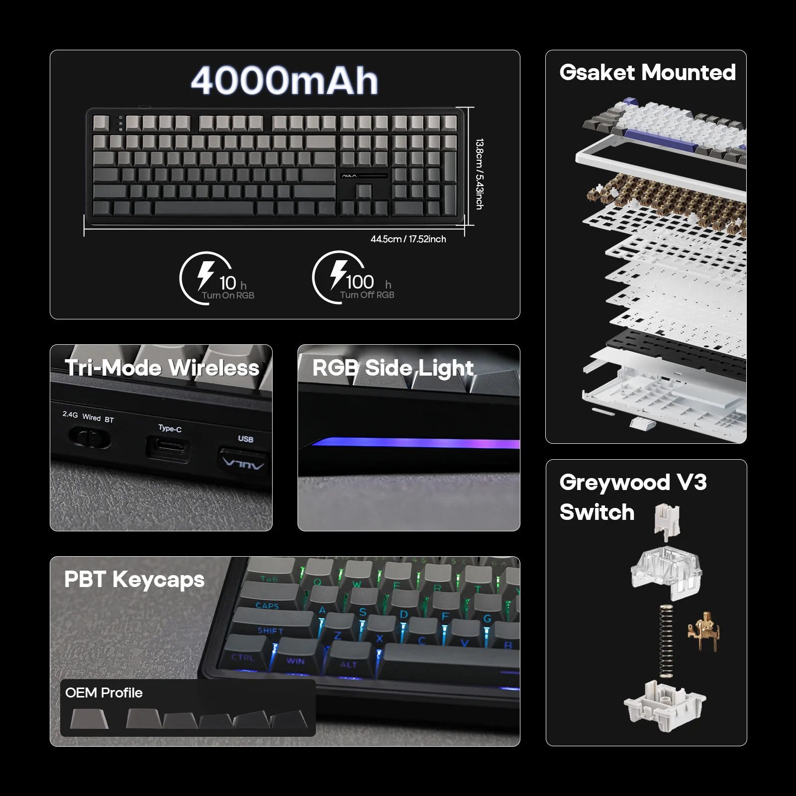 EPOMAKER x AULA F108 풀 사이즈 100% ANSI 레이아웃 핫스왑 유선/2.4GHz/블루투스 5.0 무선 기계식 키보드 RGB 백라이트