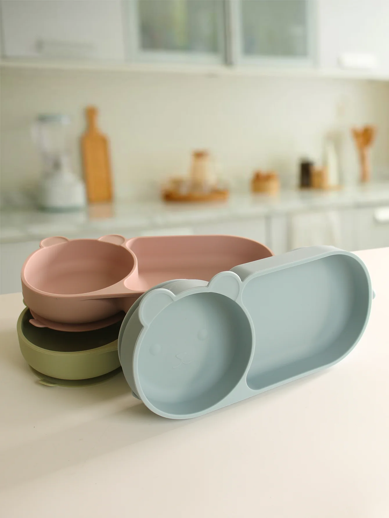 Baby Silicone Suction Cup Bowl Cute Bear Design Macaron Color 100% Food Grade Silicone BPA Free Double plate design for meals 2