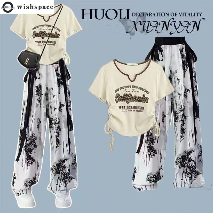 Summer Set of Korean Style Shoulder Pure Desire Style Short Sleeved T-shirt+ink Painting Thin Wide Leg Pants Two-piece Set