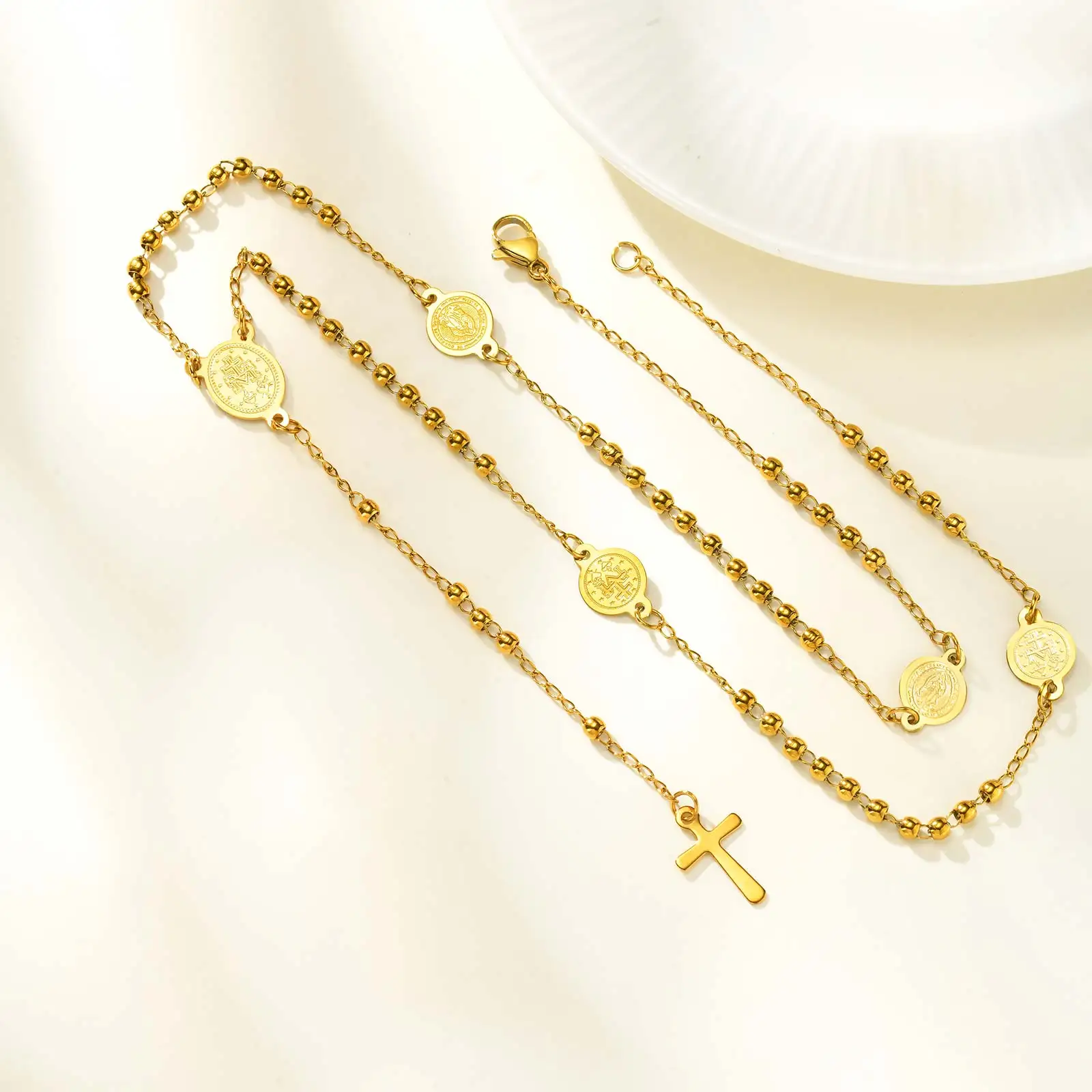 Y-förmige Perlenkette Heilige Jungfrau Maria Halskette für Frauen, Heiliger Benedikt-Kreuzanhänger aus Edelstahl, religiöser Schmuck – Detail 10