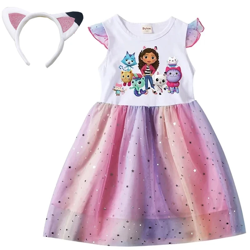 Kids Gabby's Doll House Cosplay Costume Cartoon Gabby Printed Girl Dresses Clothes Children Fly Sleeve Casual Dress + Headband