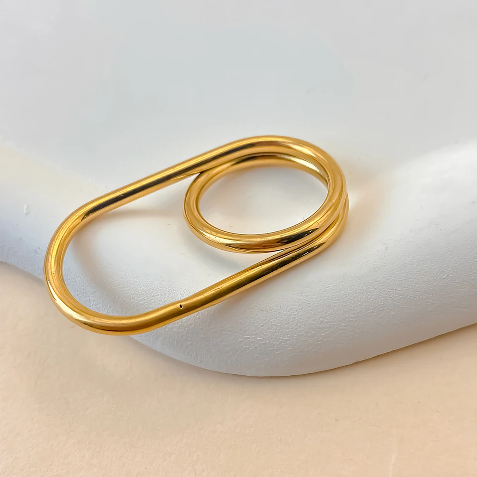 Hiraeva Damen-Doppelring: Einzigartiges Design mit sich kreuzenden Linien, 18K vergoldeter Edelstahl, Modeschmuck – Detail 9