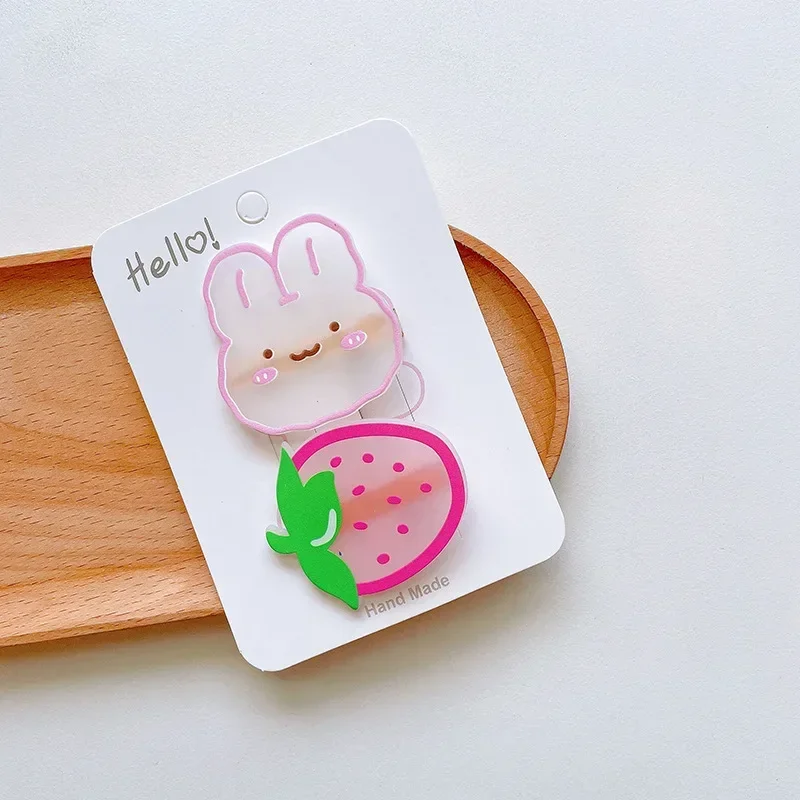 2pcs/set Kawaii Headwear Costume Hairpins Cute Acrylic Cartoon Rabbit Strawberry Hair Pin Clips for Girls Kids Accessories