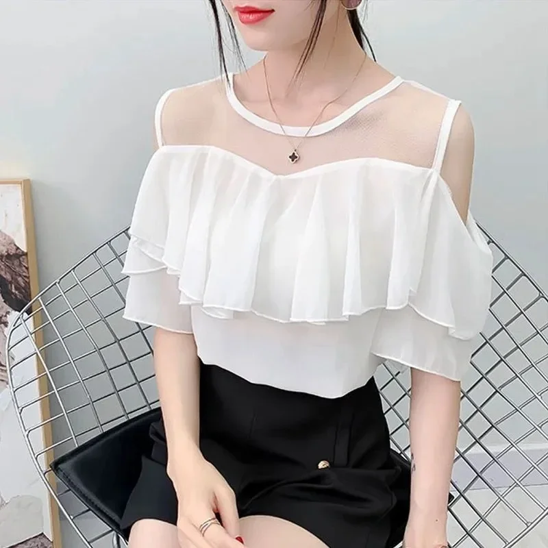 Off Shoulder Sexy Chiffon Blouses Women 2025 Summer Korean Fashion