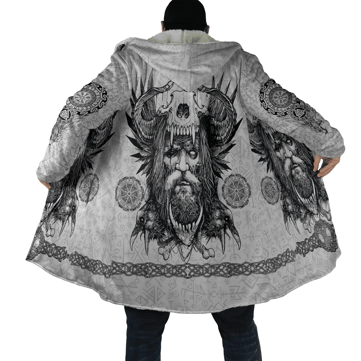 Herren-Umhang Fenrir Wolf Tattoo Vegvisir Rune Tribal 3D-gedruckter Fleece-Kapuzenumhang Unisex Lässiger dicker warmer Cape-Mantel PF81 – Detail 16
