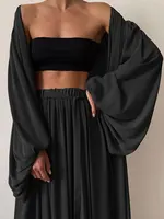 Sexy Solid Color Three-Piece Set 2025 Autumn Women Tube Top Beach Dress Crop Top Trousers Long Sleeve Cardigan 3 Piece Set A1642 - Image 4