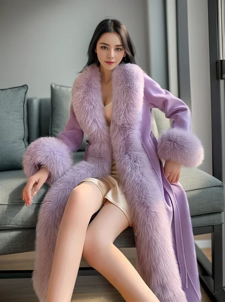 2023 Winter Clothes New Fashion Long Woolen Coat High-End Slim-fit Temperament Warm Imitation Fox Fur Collar Long Jackets Women