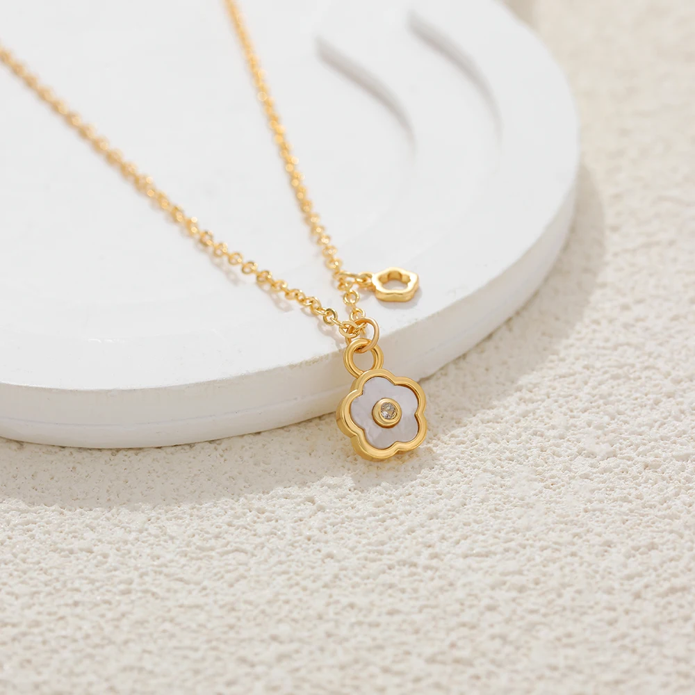 Tiny Flower-shape Pendant Necklace for Women Girl White Natural Opal Shiny Zircon Waterproof Stainless Steel Chain Choker Collar