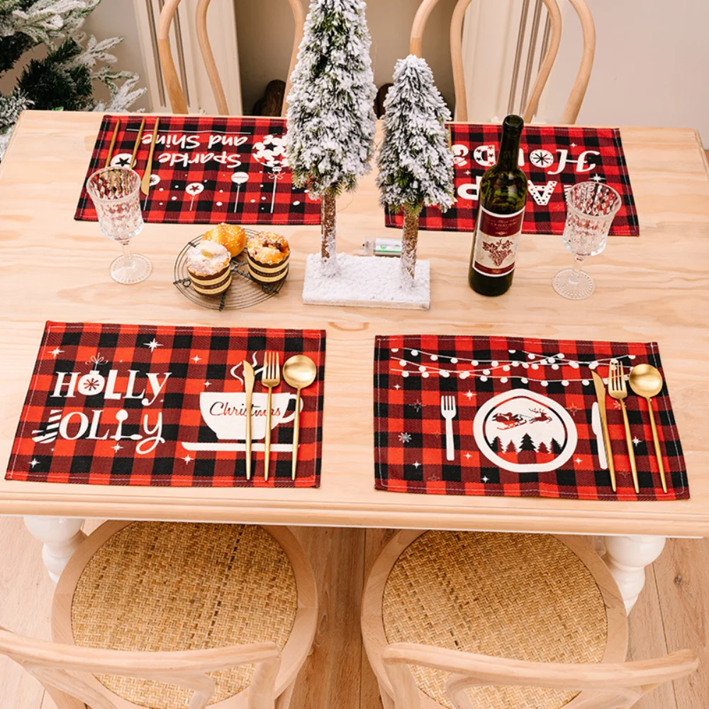 Merry Christmas Placemat Plaid Printed Decorations Tableware Pad Table Mat Napkins Xmas Tablecloth Dining Table Home Decor