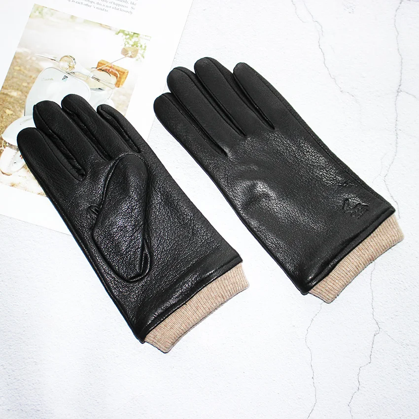 Deer Skin Gloves Men's Touch Screen Dark Brown Genuine Leather Retro Style Autumn and Winter Warm Motorcycle Riding Gloves