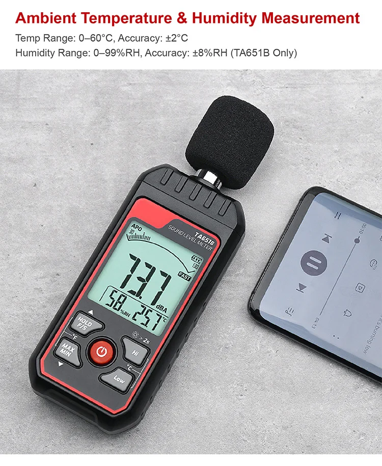 TA657 Digital Sound Level Meter 30‑130 dB Handheld Portable USB Rechargeable for