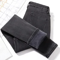 Women's High Waist Fce Lined Denim Jeans Thiened Winter Long Trousers Elastic Cuffed Bootcut Korean Sle New Arrival