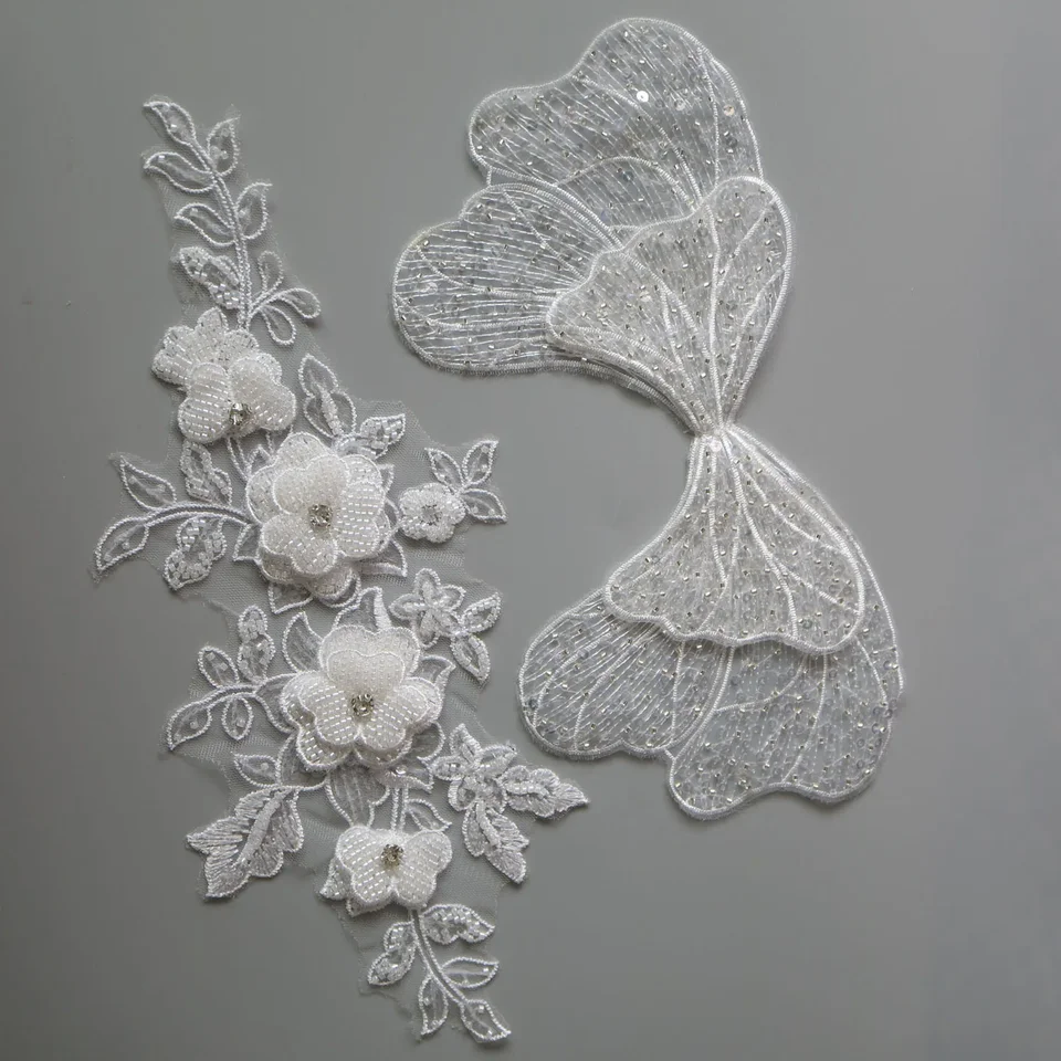 Applique Dentelle Strass Dorés Et Perles - Patch à Coudre 12x35 Cm Pour Robe De Mariée, Vêtements, Décoration | Lot De 2 Pièces