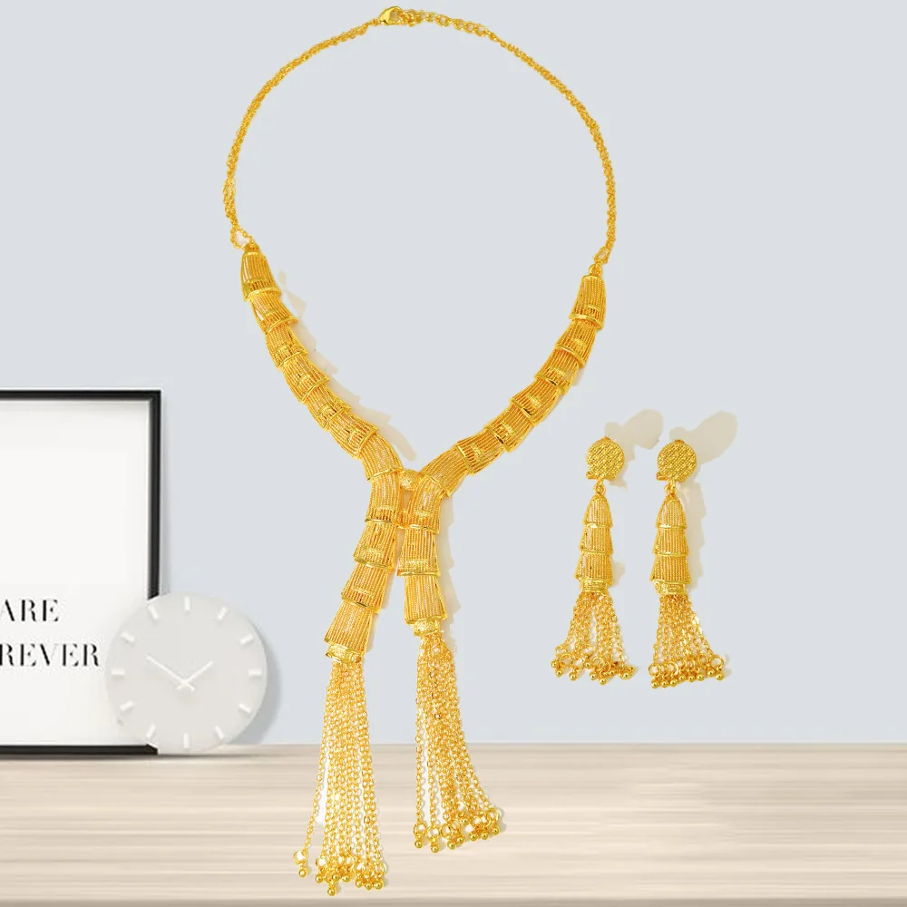 S4e8a92b604074516bf423a2776f1316dh Tassel necklace earring jewelry set for women 24K gold, AU999 light luxury hidden and minimalist high-end feeling Mallzona
