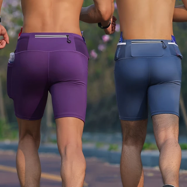 Mens Womens Mul-Pockets Compression Marathon Running Shorts Exercise Training Jogging Cycling Fitness Tights Shorts Quick Drying