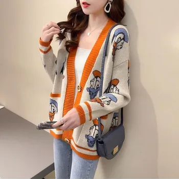 디즈니 도널드 덕 긴팔 가디건 상의, 터틀넥 풀오버, 캐주얼 스웨터, 여성 루즈 스웨터, 소녀, 가을, 겨울