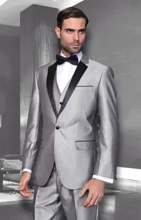 

Grey Satin Wedding Suits For Men Slim Fit 3 Piece Gentle Tuxedo Italian Custom Groom Prom Blazer Sets Veste Costume Homme Luxe