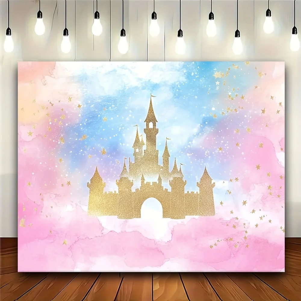 1 Prinzessinnenschloss Aquarell-Pastell-Regenbogen-Hintergrund – Party-Fotohintergrund, Kuchentisch und Fotokabinen-Requisiten