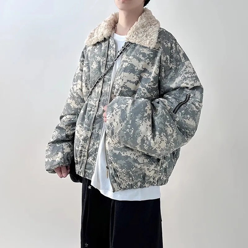 FEWQ Detachable Fur Collar American Camouflage Men Cotton Jacket Contrast Color Long Sleeve Male Tops Korea Fashion 21Z7058 5