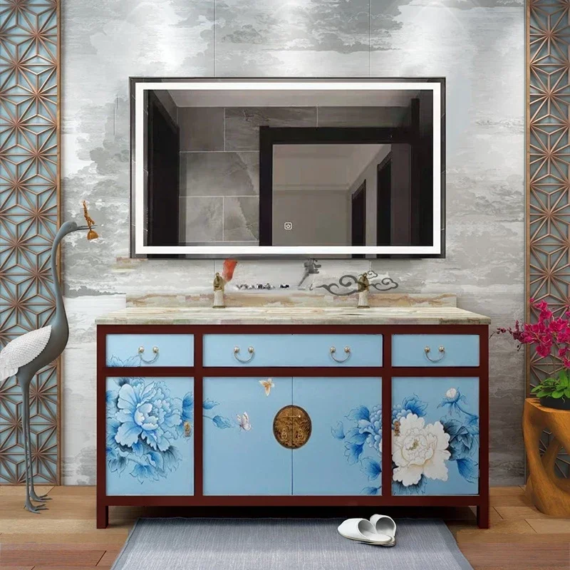 ~New Chinese Bathroom Cabinet Painted Flowers and Birds Antique Oak Bathroom Cabinet Combination Suit